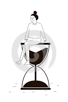 Businesswoman sitting on hourglass. Wasting time waiting and never start new business. Ineffective thinking or laziness
