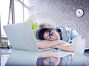 Businesswoman Sleeping Office Worker Break Digital Concept