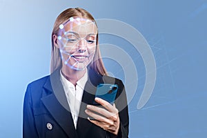 Businesswoman with smartphone in hand, facial recognition and ac