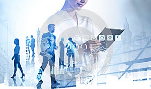 Businesswoman smiling using tablet, globe and people with digital icons
