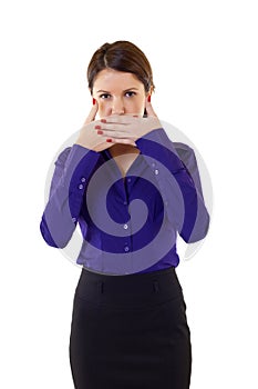 Businesswoman in the Speak No Evil pose