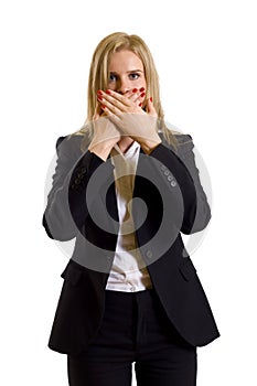 Businesswoman in the Speak No Evil pose