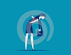 Businesswoman stabbed in the back with knife. Business faithfulness concept. Flat cartoon vector style