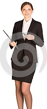 Businesswoman stand holding paper holder and pen