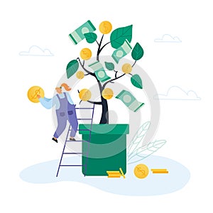 Businesswoman Stand on Ladder lean to Huge Potted Money Tree with Dollars Hanging on Branches Holding Golden Coin