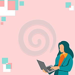 Businesswoman standing on the bright colored background. Woman holding laptop and typing text. Big white speech bubble