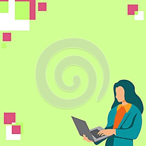 Businesswoman standing on the bright colored background. Woman holding laptop and typing text. Big white speech bubble