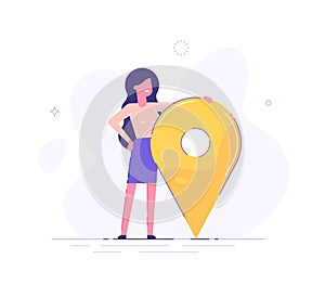 Businesswoman is standing close to big map pointer. Our office location. Vector illustration