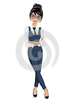 Businesswoman standing crossed arms and ankles in confident pose isolated