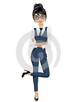 Businesswoman standing crossed arms backheel in confident pose isolated