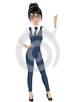 Businesswoman standing finger up pose presenting or indicating isolated