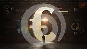Businesswoman standing in front of black wall, shape of a Euro sign.Euro currency.Euro.with economic diagram
