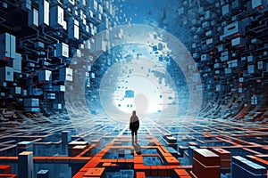 Businesswoman standing in front of a digital tunnel with binary code, Chaos and order merging in a cybernetic landscape, AI