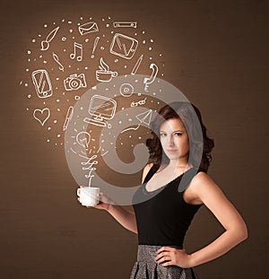 Businesswoman holding a white cup with social media icons