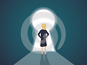 Businesswoman standing in a keyhole concept. Symbol of op