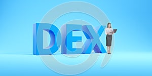 Businesswoman standing with laptop, DEX letters on blue background