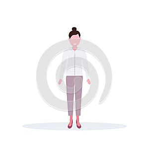 Businesswoman standing pose happy brunette woman office worker female cartoon character full length flat isolated