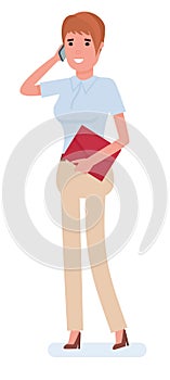 Businesswoman standing and talking on mobile phone on white background cartoon vector flat illustration. Office workers