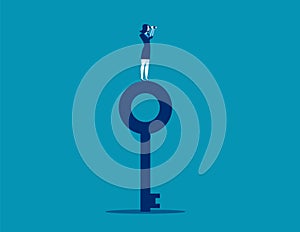 Businesswoman standing on top key and looking through telescope. Concept business vector illustration