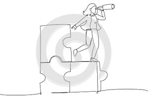 businesswoman standing on uncompleted jigsaw looking for missing piece. Finding solution concept. Single line art style