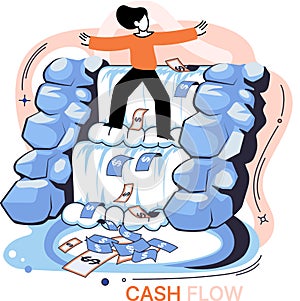Businesswoman standing on waterfall with money, dollar bills. Cash flow, stable income, profit
