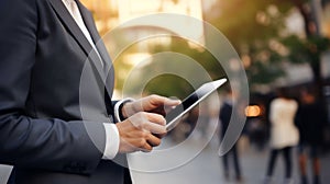 Businesswoman standing and working with tablet.