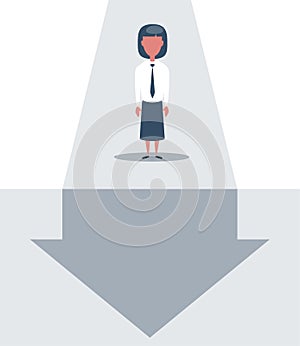 Businesswoman stands and looks at the line graph going down. Business and finance concept.