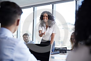 Businesswoman Stands To Address Meeting Around Board Table