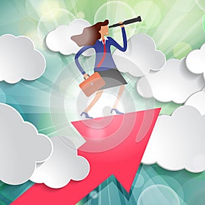 Businesswoman stands on top of arrow with telescope and briefcase among white paper clouds on beautiful spring green sunny rays