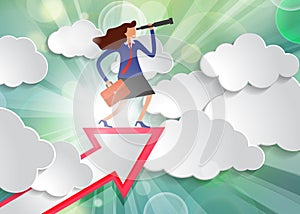 Businesswoman stands on top of arrow with telescope and briefcase among white paper clouds on beautiful spring green sunny rays