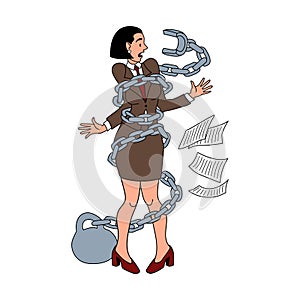 A businesswoman in a steel chain. The concept of financial problems.