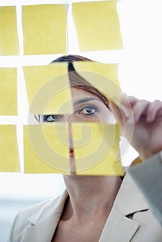 Businesswoman, sticky notes and glass wall for ideas, planning and vision for logistics and schedule. Employee