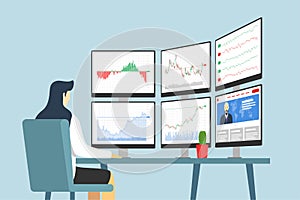 Businesswoman stock market trader in workplace looking at multiple computer screens with financial charts, diagrams and