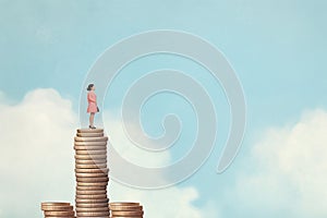 A businesswoman stood on a stack of coins. Personal savings and money management. Generative ai