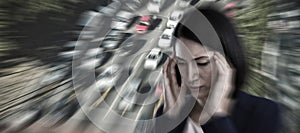 Composite image of businesswoman suffering from headache