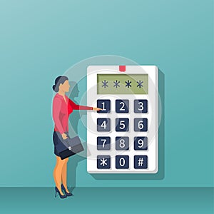 Businesswoman in suit with briefcase presses on button