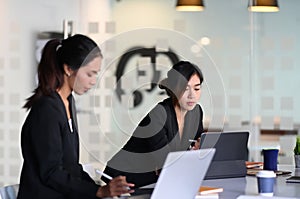 Businesswoman in suit experts discussing information during accounting process.