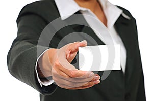 Businesswoman in suit holding empty business card