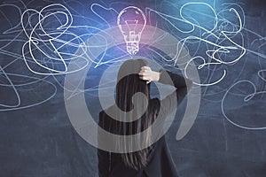 Businesswoman in suit looking on drawing  light bulb blackboard