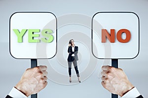 Businesswoman in suit thinking and hands holding yes and no sign