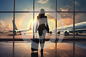 Businesswoman With Suitcase With Her Back To Her, Airport Window And Airplane Taking Off In The Distance. Generative AI