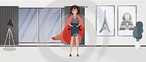 Businesswoman superhero girl. Business woman superhero. Vector illustration for web banner, infographic.