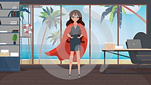 Businesswoman superhero girl. Business woman superhero. Vector illustration for web banner, infographic.
