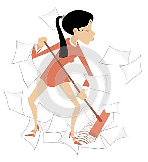 Businesswoman sweeps papers from the office illustration