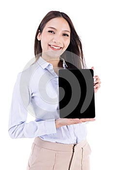 Businesswoman with tablet, Woman using digital tablet computer PC happy isolated on white background.Asian woman in business shirt