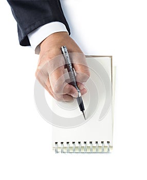 Businesswoman takes notes on paper white background