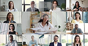 Businesswoman talk to business partners use videocall, collage view
