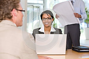 Businesswoman talking to client
