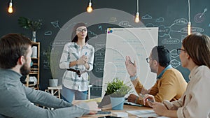 Businesswoman talking to colleagues using whiteboard for presentation and discussing ideas