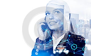 Businesswoman talking using smartphone, network connection lines. Copy space